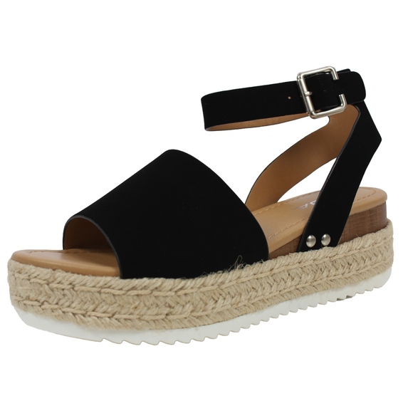 Shoes - Black Open Toe Halter Ankle Strap Espadrille